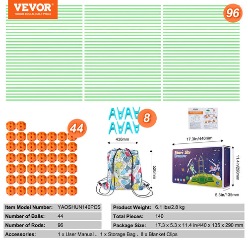 VEVOR  Fort Building Kit Children's DIY Indoor Castle Beading Stem with 96 Rods and 44 Balls Play Tent Toy for 4+ Kids Gifts
