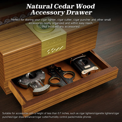 Cigar Box Humidor with Hygrometer and Humidifier, Cedar Wooden Case with Drawer, Divider, Length Gauge, Desktop Humidor Box Gift