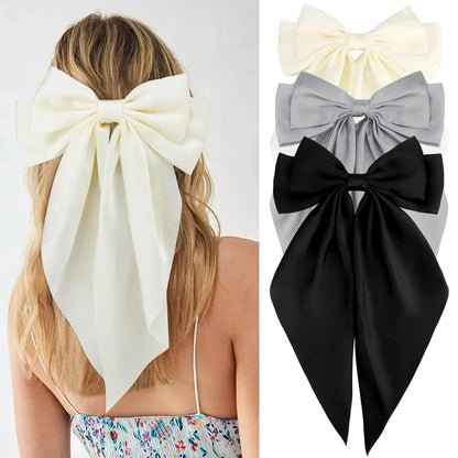 Hair Bows for Women Girls 3Pcs White Pink Black Silky Satin Large Bows Hair Clip Oversized Hair Ribbons Long Tail Big Hair Bows