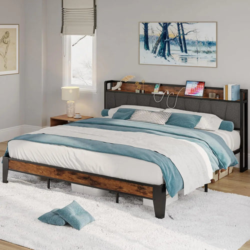 LIKIMIO Twin/Twin XL/Full/Queen/King/California King Bed Frames, Storage Headboard with Charging Station, No Box Spring Needed