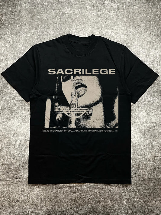 Men's Black Short - Sleeve T-Shirt, 200g Cotton, with "SACRILEGE" Themed Personalized Heat Transfers