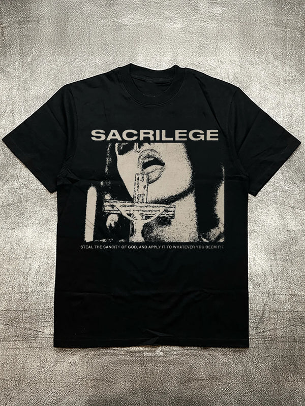 Men's Black Short - Sleeve T-Shirt, 200g Cotton, with "SACRILEGE" Themed Personalized Heat Transfers