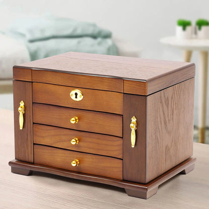 Retro Wooden Jewelry Box with 4 Tiers, Key Lock, Magnetic Doors, Velvet Lining, and Mirror for Secure and Organized Jewelry