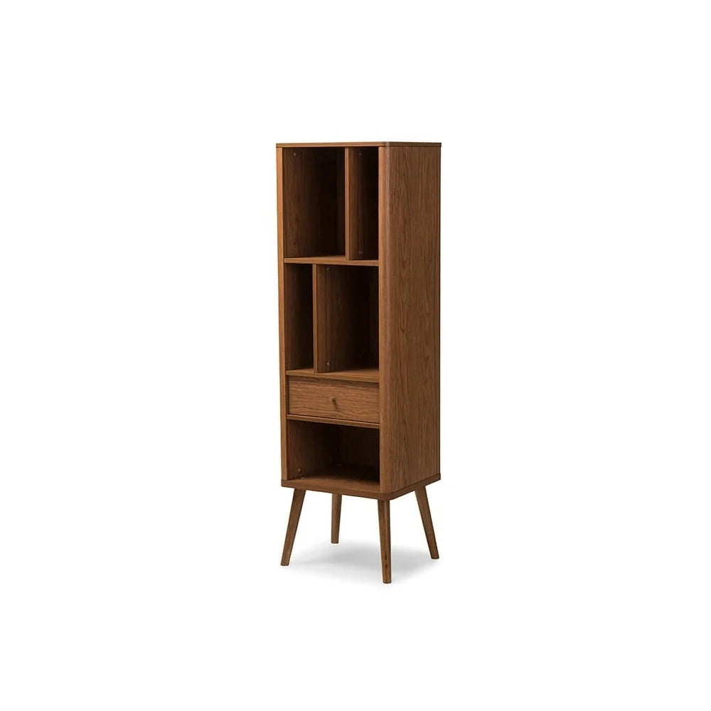 Mid-Century Modern Walnut Bookcase with Drawer Spacious Shelves Home Office Storage and Display