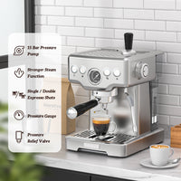 Neretva 15 Bar Espresso Machine with Milk Frother Steam Wand for Cappuccino, Latte, Macchiato, 1450W Professional Coffee Machine