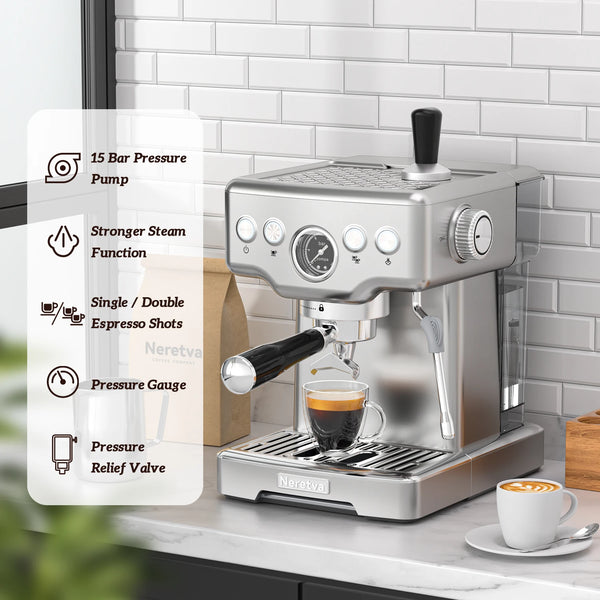Neretva 15 Bar Espresso Machine with Milk Frother Steam Wand for Cappuccino, Latte, Macchiato, 1450W Professional Coffee Machine