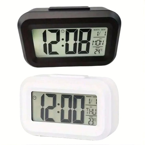 Smart Digital Alarm Clock Black White LCD Display with Temperature Calendar Timer Led Light for Bedroom Office (Without Battery)