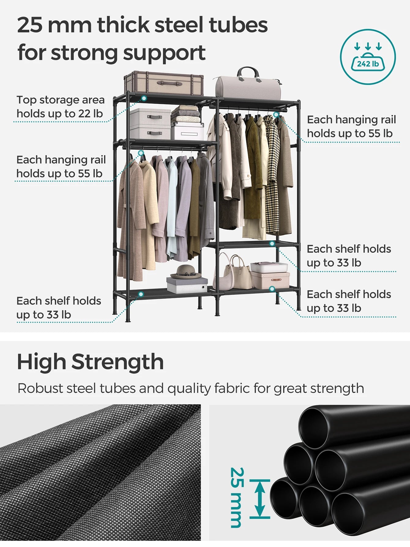 SONGMICS 74.8" H Garment Rack, Clothing Rack, Portable Closet Wardrobe With Hanging Rails And Shelves, Total Load 242 Lb, Eas