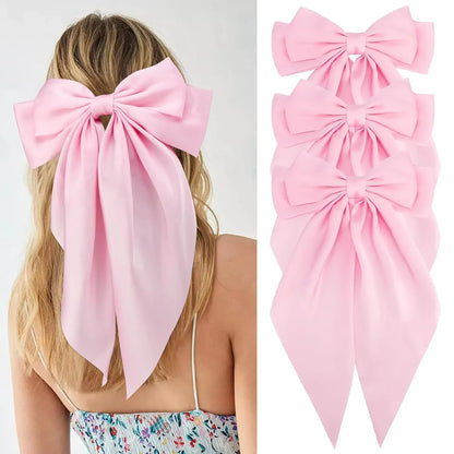 Hair Bows for Women Girls 3Pcs White Pink Black Silky Satin Large Bows Hair Clip Oversized Hair Ribbons Long Tail Big Hair Bows