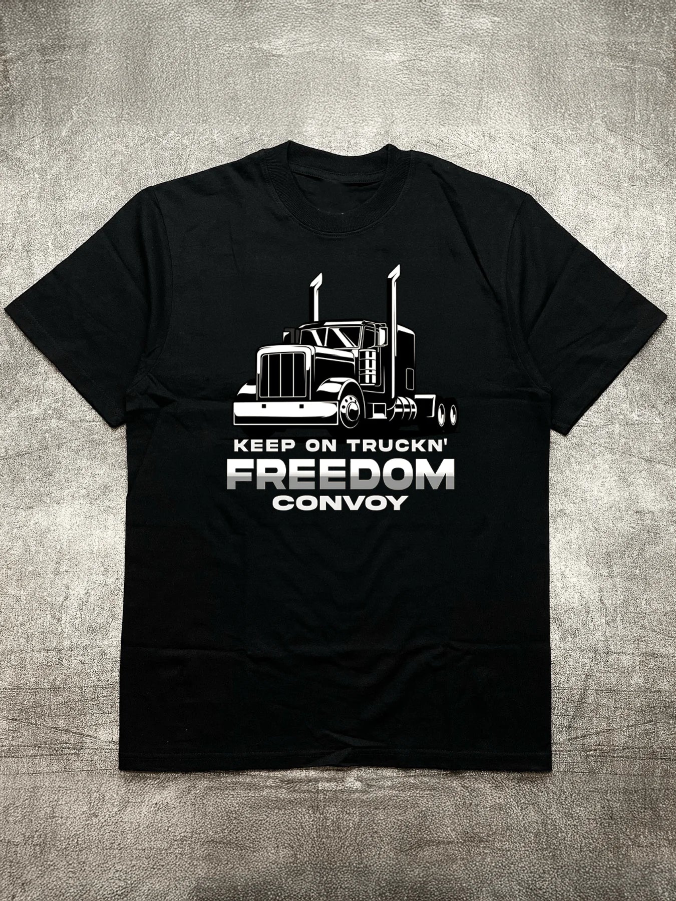 Men's Heat Transfer Print Cotton Round Neck Short Sleeve T-Shirt - Truck Freedom Theme Design, Black 200g