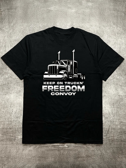 Men's Heat Transfer Print Cotton Round Neck Short Sleeve T-Shirt - Truck Freedom Theme Design, Black 200g