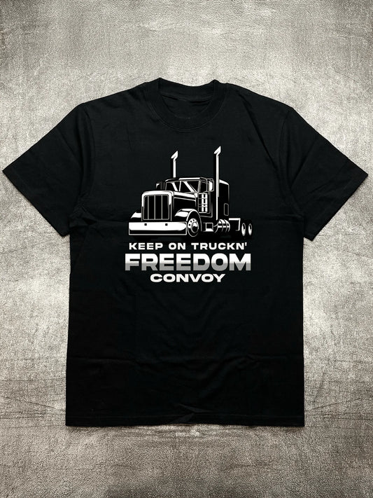Men's Heat Transfer Print Cotton Round Neck Short Sleeve T-Shirt - Truck Freedom Theme Design, Black 200g