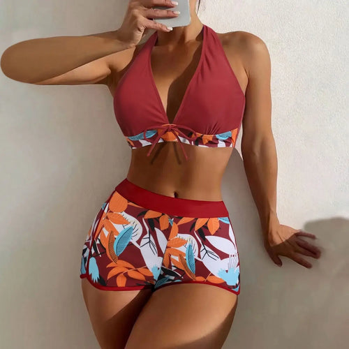 Shorts Bikinis Set  High Waist Swimsuit Women Swimwear 2 Pieces Plant Print Bathers Bathing Swim Suit Beachwear
