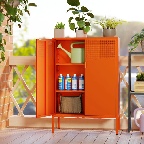 Orange 3 Tier Metal Storage Cabinet with Legs, 2 Door Metal Locker for Home, Office, Entryway and Hallway