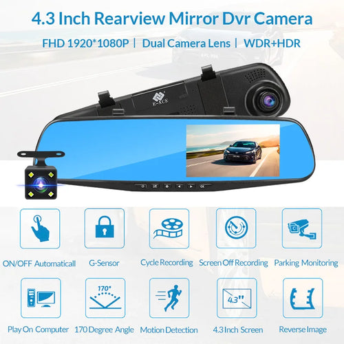 E-ACE Dash Cam 4.3 Inches Car DVR Rearview Mirror Driving Recorder Dual Lens Front and Rear Camera Video Recorder Black Box