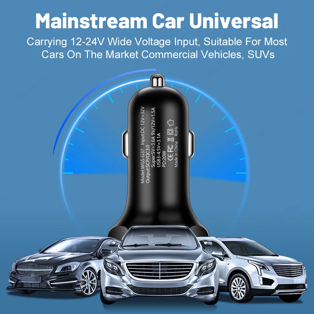 5 in 1 USB PD 250W Car Charger QC3.0 Type C Fast Charging Auto Mobile Phone Adapter For iPhone For iPhone Samsung Huawei