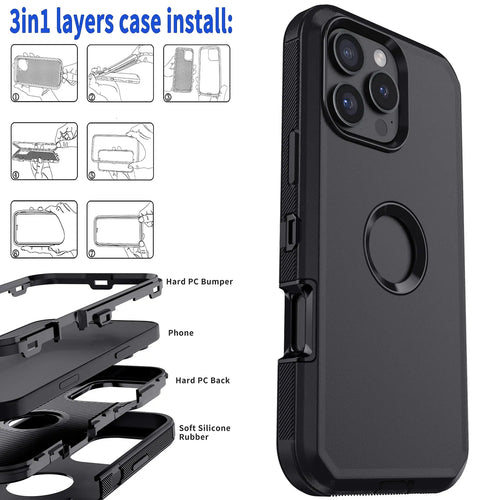 Black For iPhone 16 Pro Max 16 Plus 16 Pro 16 Case Heavy Duty Shockproof Hard Protective Rugged Hybrid 3in1 Layers Phone Cover