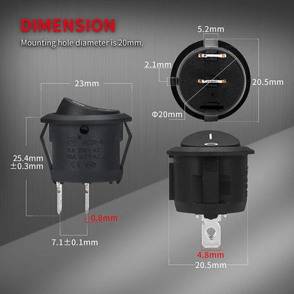 5pcs Round Rocker Switch Toggle Switch for Car Automotive RV 2 Pin Switch Wired