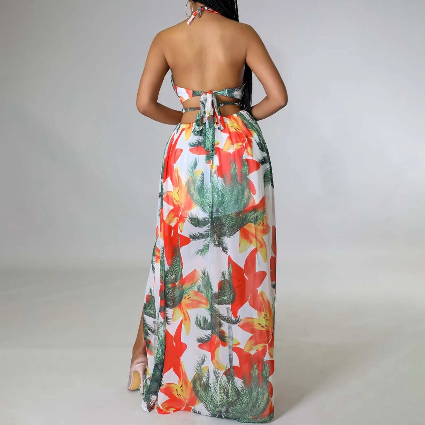 Floral Print Maxi Dress For Women Stylish French Halterneck Summer Dress Mid Length Camisole Dress Elegant High Split Dress