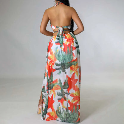 Floral Print Maxi Dress For Women Stylish French Halterneck Summer Dress Mid Length Camisole Dress Elegant High Split Dress