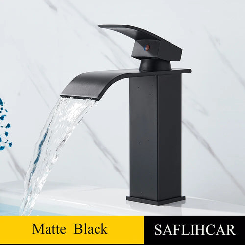 Bathroom Black Waterfall Basin Sink Faucet Brass Cold Hot Water Mixer Vanity Tap Deck Mounted Washbasin Tap