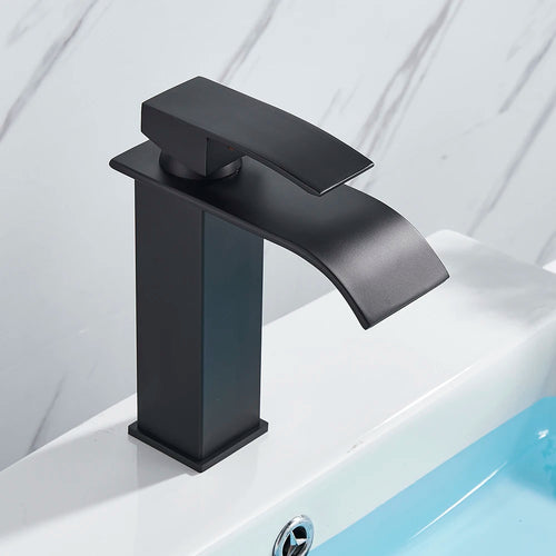 Bathroom Black Waterfall Basin Sink Faucet Brass Cold Hot Water Mixer Vanity Tap Deck Mounted Washbasin Tap