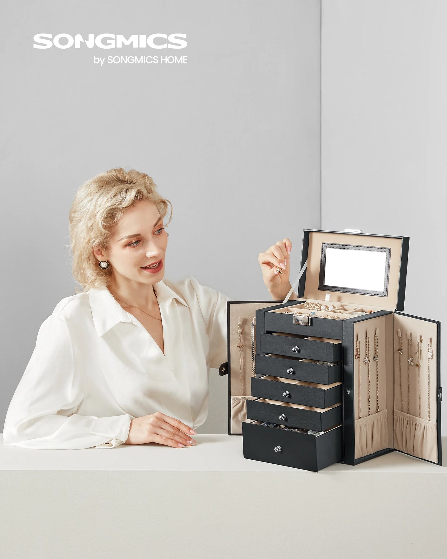 SONGMICS 6 Tier Jewelry Box, Jewelry Storage Organizer with 5 Drawers, Large Storage Capacity, with Mirror, Lockable