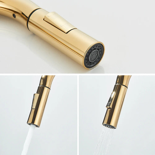 Polished Gold Kitchen Sink Faucet Pull Out Spout  Cold Hot Water Mixer Taps Deck Mounted