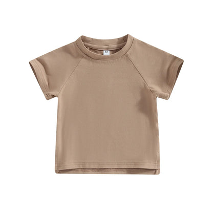 Kids Cotton Short Sleeve T-shirt Summer Casual Loose Fit Solid Color O Neck Tee for Toddler Girls and Boys