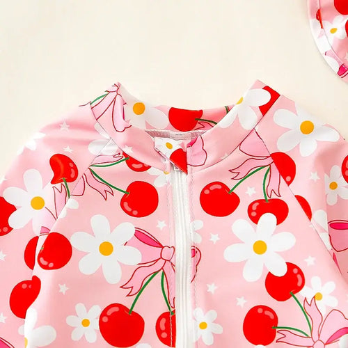 Baby Girls  Swimsuit with Sun Hat Set Floral Print Ruffle Sleeve Zip Up Rash Guard Swimwear Beachwear for Toddler Girls