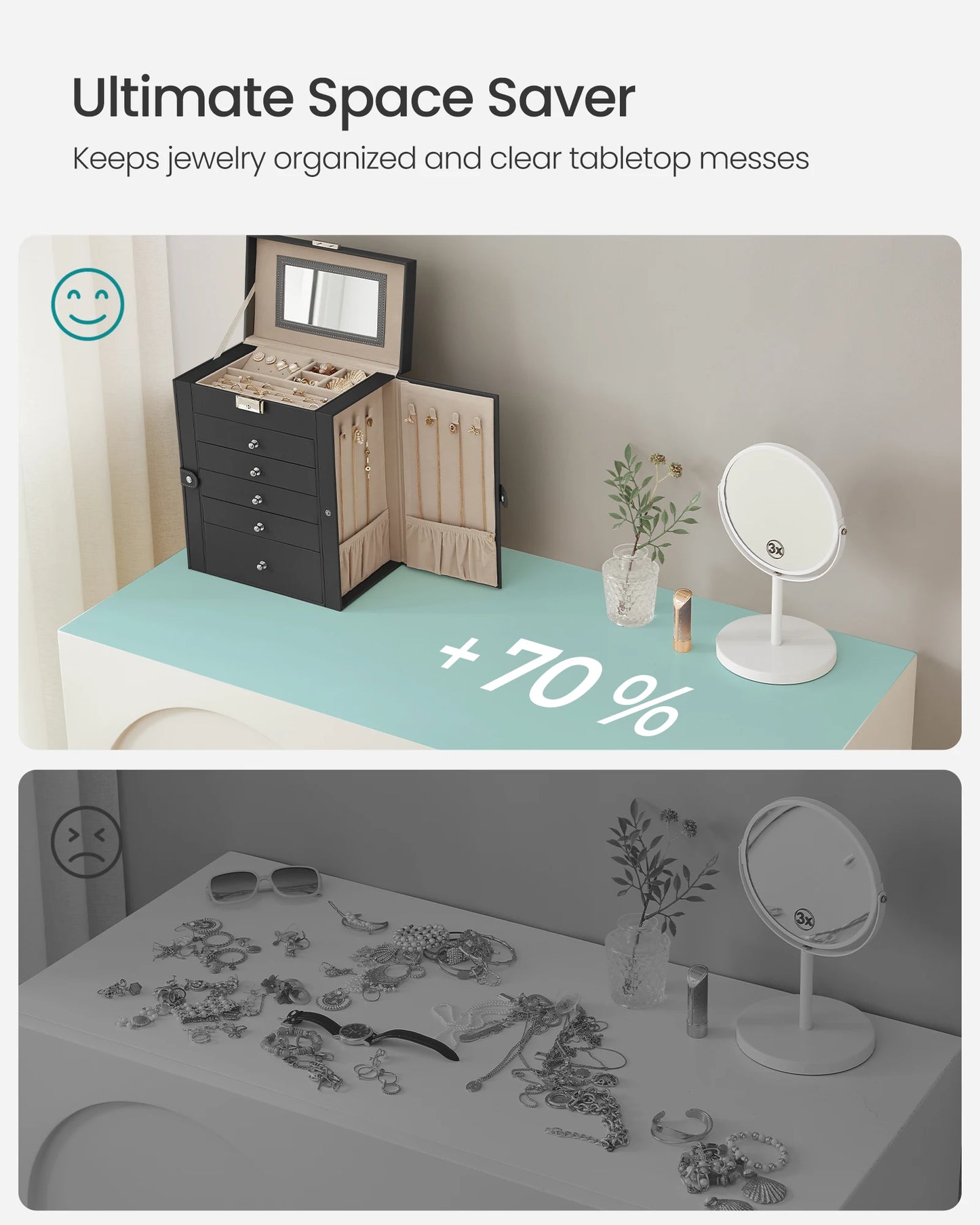 SONGMICS 6 Tier Jewelry Box, Jewelry Storage Organizer with 5 Drawers, Large Storage Capacity, with Mirror, Lockable
