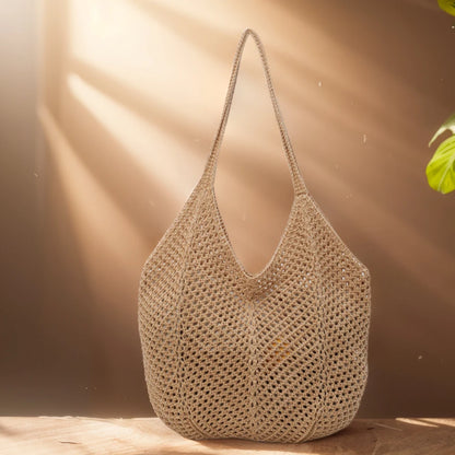 Women Hollow Summer Bag Solid Color Aesthetic Hobo Bag Large Capacity Knitted Tote Handbag Ladies Daily Handbag