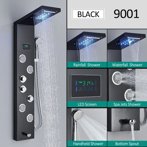 LED Shower Panel Tower System Rain Waterfall Shower Column Hydroelectricity LCD Display With Massage Body Spa Bath Shower Faucet
