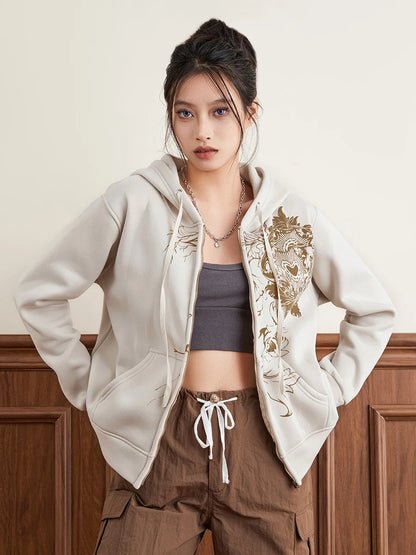 Women Hoodie Vintage Long Sleeve Graphic Print Zipper Closure Sweatshirt with Pockets