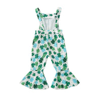 St Patrick s Day Toddler Girls Green Clover Print Sleeveless Flare Leg Jumpsuit Overalls Romper with Ruffles