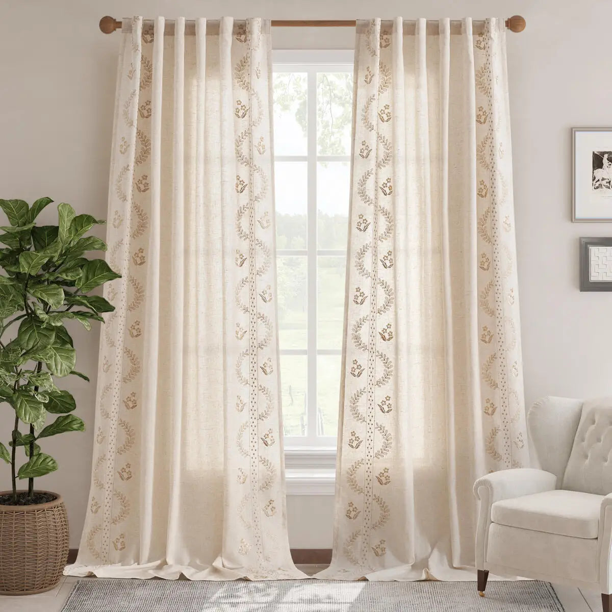 JINCHAN 2PCS Farmhouse Flower Embroidered Curtains Living Room Bedroom Light Filtering Linen Blend Window Curtain Boho Drapes