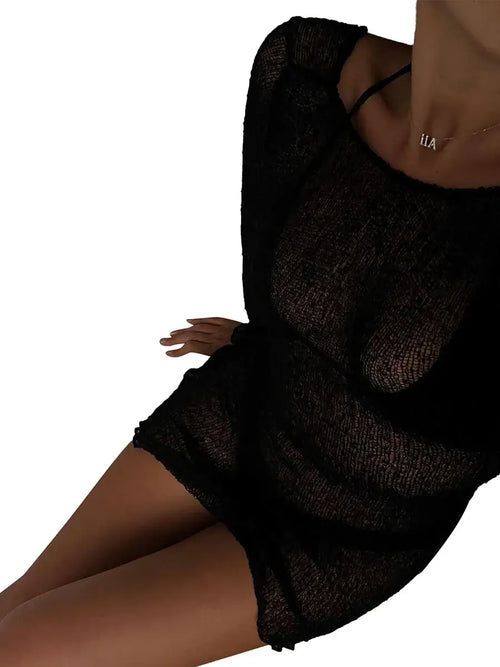 Women Bikini Cover-Ups Solid Color See-Through Long Sleeve Backless Beach Knitted Mini Dress Swimwear Sunscreen Blouse