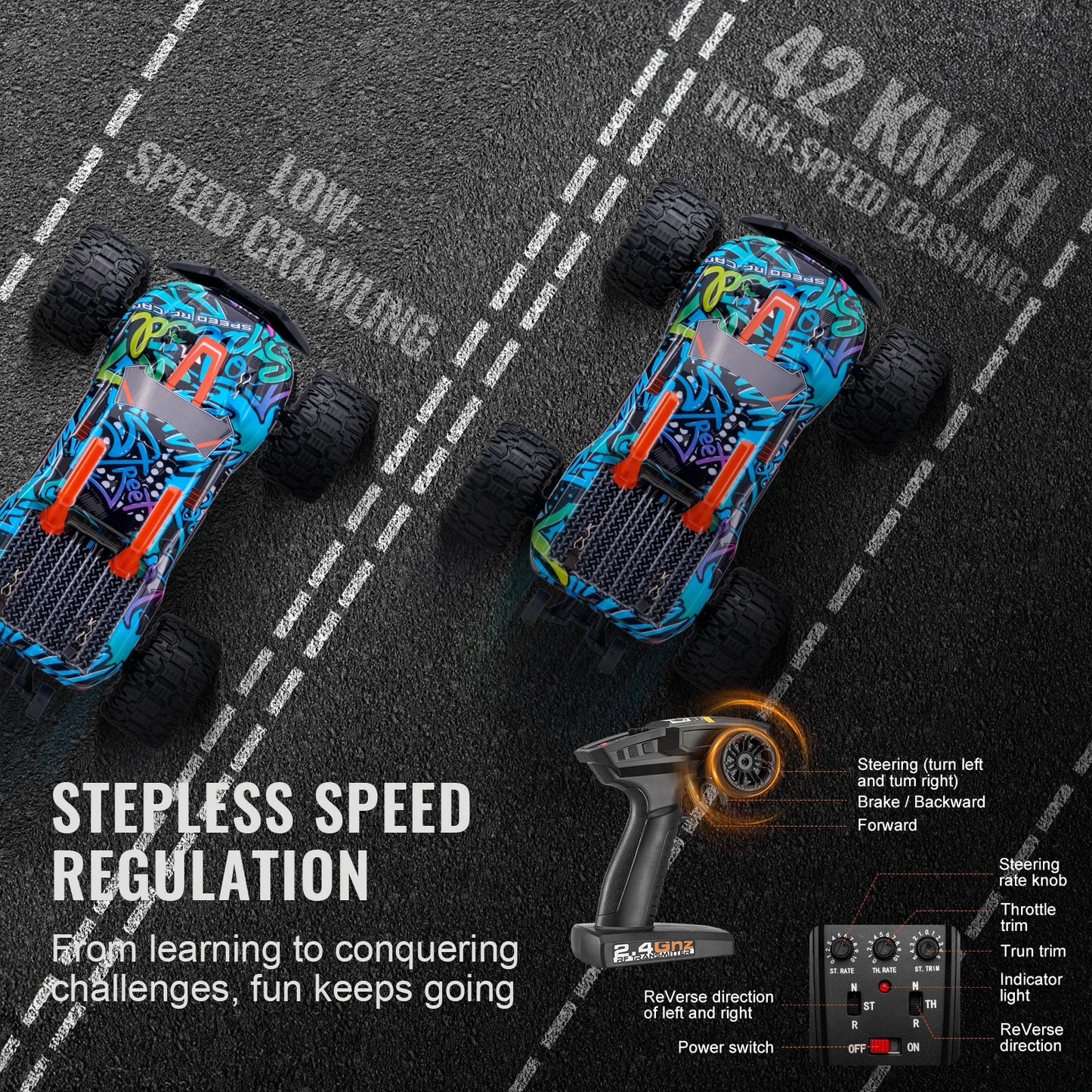 VEVOR 1:14 42KM/H 4WD RC Car with Adjustable Speed Remote Control Off-Road Truck Drift Monster for Kids Boys Hobby Toys Gifts