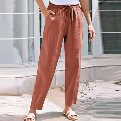 Women Cropped Pants Cotton Linen Baggy Trousers Drawstring Elastic Waist Pantalones Korean Fashion Solid Straight Pants штаны