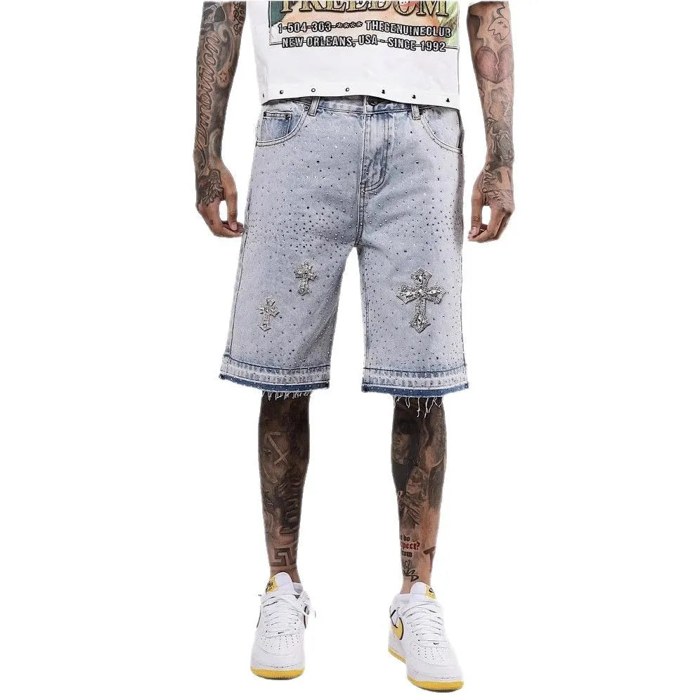 Retro Gothic Y2k Sweatpants Oversized Iron Diamond Pattern Denim Shorts for Men Hip Hop Punk Low Waist Gym Shorts Streetwear