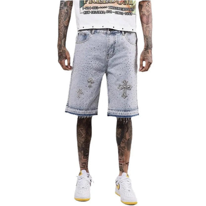 Retro Gothic Y2k Sweatpants Oversized Iron Diamond Pattern Denim Shorts for Men Hip Hop Punk Low Waist Gym Shorts Streetwear