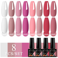 MEET ACROSS 8Pcs/Set Sparkly Rose Red Purple Gel Nail Polish Glitter Semi Permanent Nail Art Gel Vernis For Nails Manicure Kits