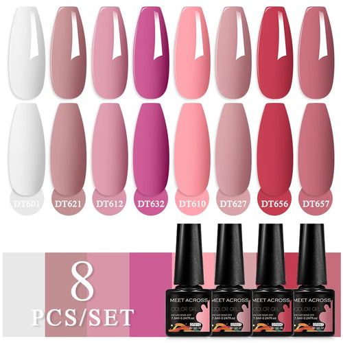 MEET ACROSS 8Pcs/Set Sparkly Rose Red Purple Gel Nail Polish Glitter Semi Permanent Nail Art Gel Vernis For Nails Manicure Kits