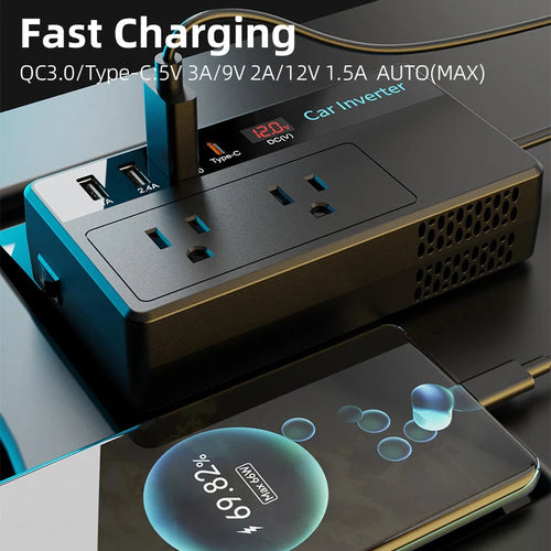 200W Car Inverter DC 12V To 110V AC Power Inverters 3 USB 1 Type-C Ports Charger Adapter Car Plug Converter with LED Screen EzBuyCo