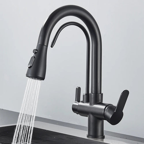 Quyanre Matte Black Filtered Crane For Kitchen Pull Out Spray 360 Rotation Water Filter Tap Three Ways Sink Mixer Kitchen Faucet EzBuyCo