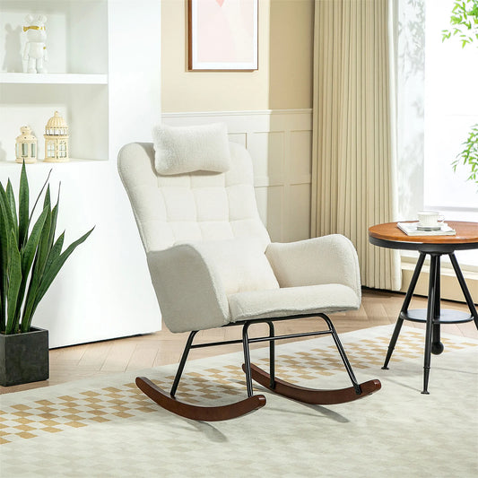Homcom Boucle Rocking Chair with Headrest and Lumber Pillow Cream White