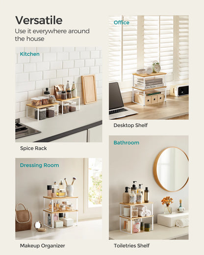 SONGMICS Cabinet Organizer Shelf, Set of 2 Kitchen Counter Shelves, Kitchen Storage, Spice Rack, Stackable, Expandable