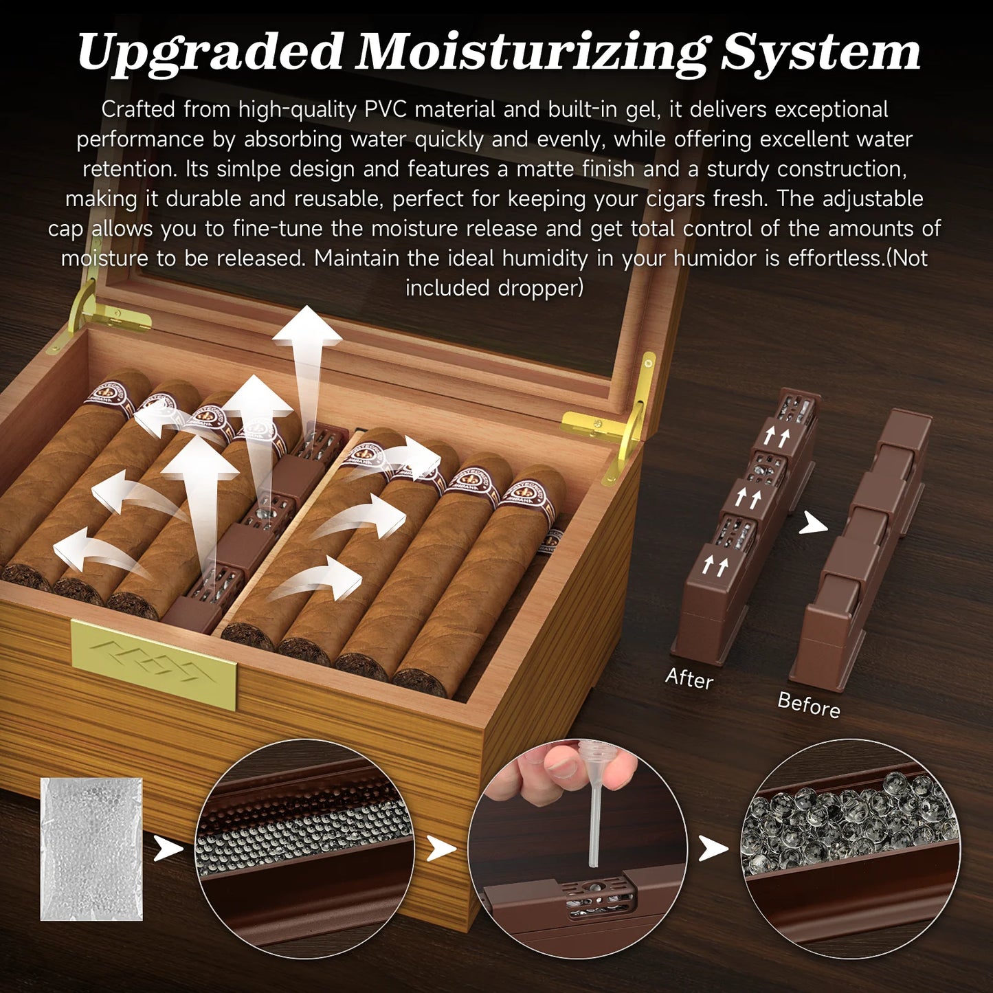Cigar Box Humidor with Hygrometer and Humidifier, Cedar Wooden Case with Drawer, Divider, Length Gauge, Desktop Humidor Box Gift