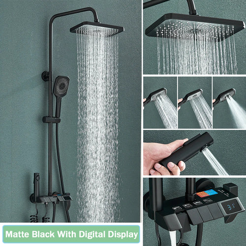 Rozin Black Smart Digital Display Shower Faucet Set Piano Style Rainlfall Bathroom System Grey Digital Mixer Tap Bidet Shower