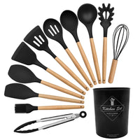 Cooking Utensils Set of 12 Silicone Kitchen Utensils With Solid Wood Handles and a Holder Bucket